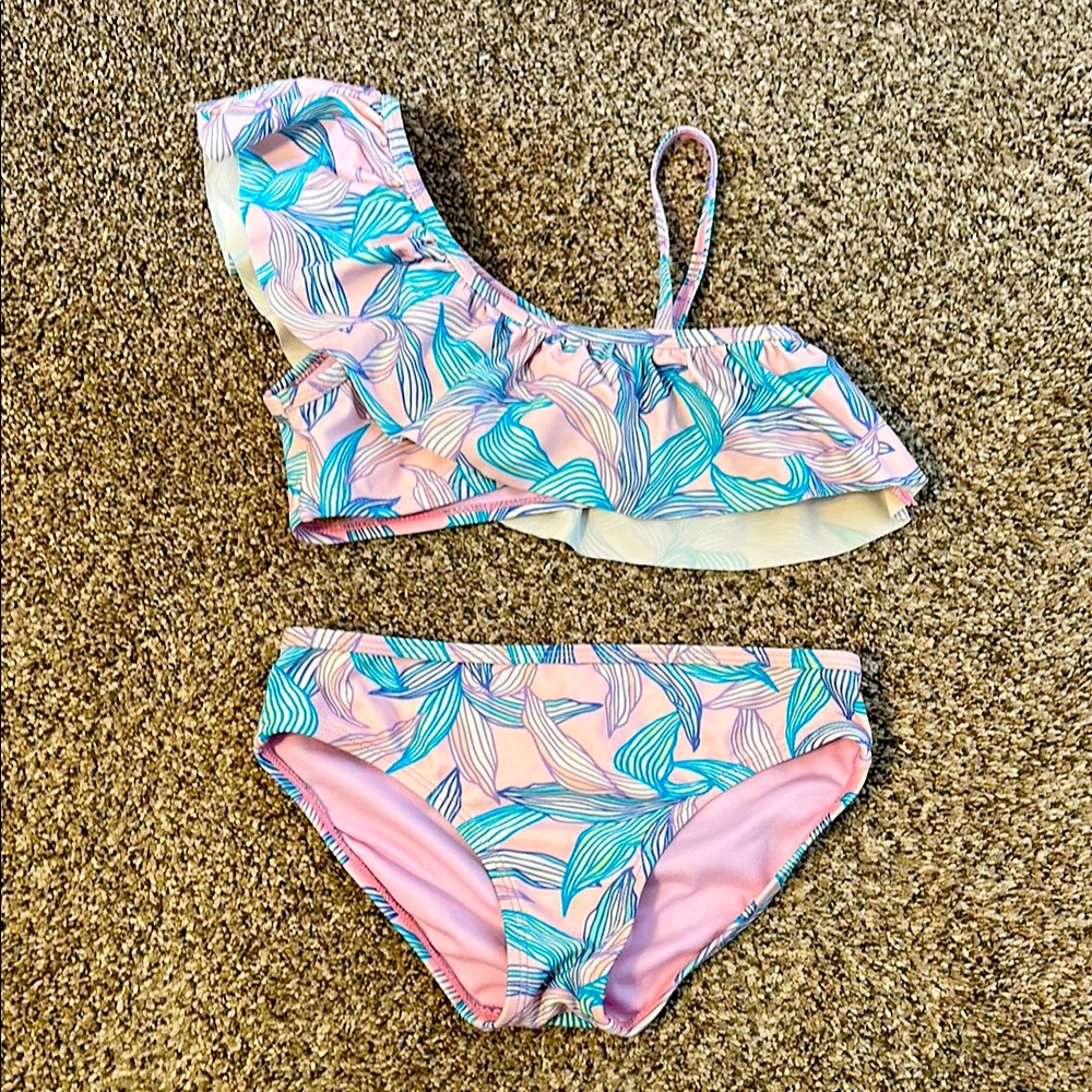Kids Swimwear Set with Pink and Blue Leaf Pattern
